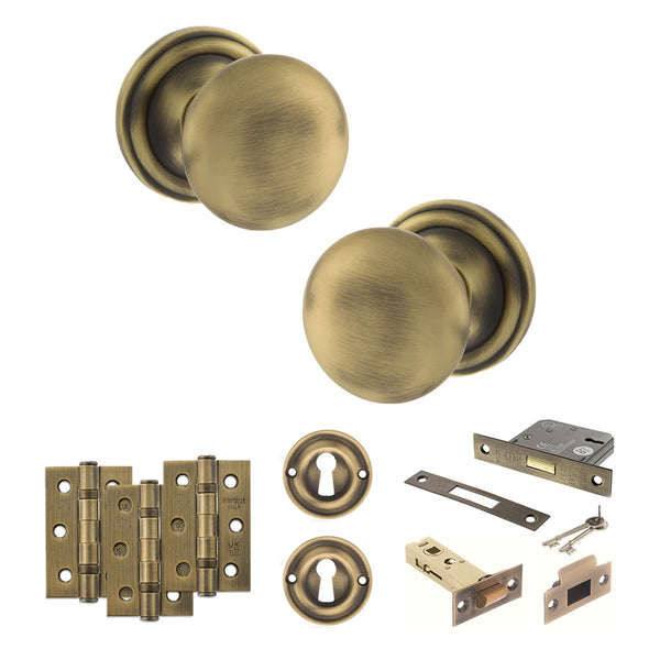 Old English Harrogate Door Knob Pack (Lock Set - 3" Latch & Deadlock, 3" Fire Rated Hinges x3) by Atlantic Hardware
