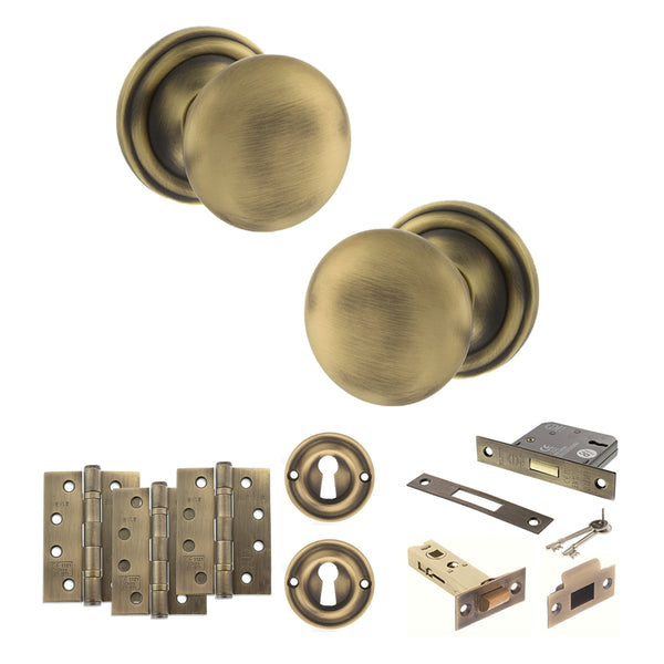 Old English Harrogate Door Knob Pack (Lock Set - 3" Latch & Deadlock, 4" Fire Rated Hinges x3) by Atlantic Hardware