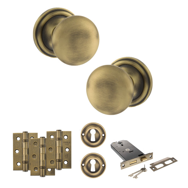 Old English Harrogate Door Knob Pack (Lock Set - Horizontal Sashlock, 3" Fire Rated Hinges x3) by Atlantic Hardware