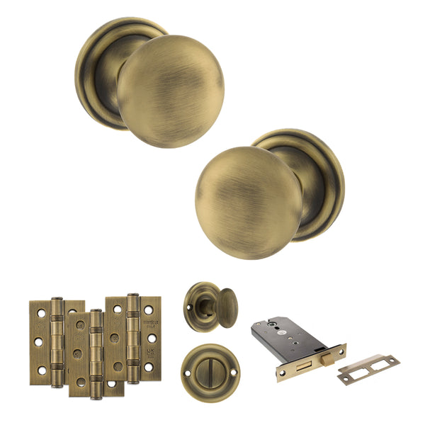 Old English Harrogate Door Knob Pack (Lock Set - Horizontal Bathlock, 3" Fire Rated Hinges x3) by Atlantic Hardware