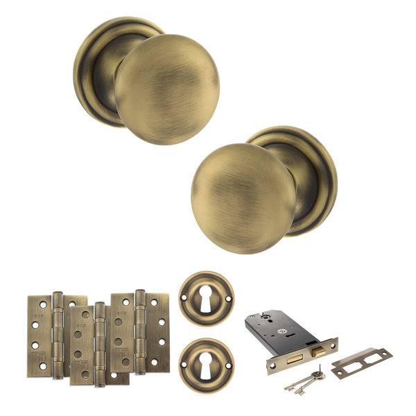 Old English Harrogate Door Knob Pack (Lock Set - Horizontal Sashlock, 4" Fire Rated Hinges x3) by Atlantic Hardware
