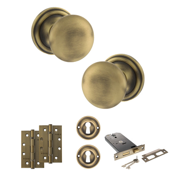 Old English Harrogate Door Knob Pack (Lock Set - Horizontal Sashlock, 4" Slim Knuckle Hinges x2) by Atlantic Hardware