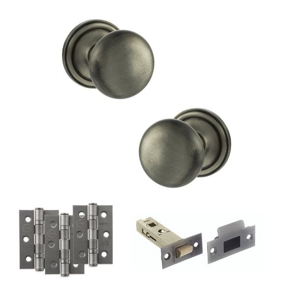 Old English Harrogate Door Knob Pack (Latch Set - 4" HD Latch, 3" Fire Rated Hinges x3) by Atlantic Hardware