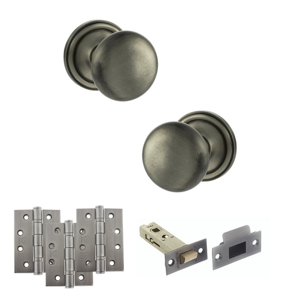 Old English Harrogate Door Knob Pack (Latch Set - 3" HD Latch, 4" Fire Rated Hinges x3) by Atlantic Hardware