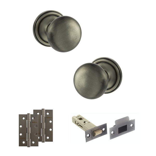 Old English Harrogate Door Knob Pack (Latch Set - 3" HD Latch, 4" Slim Knuckle Hinges x2) by Atlantic Hardware