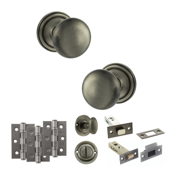 Old English Harrogate Door Knob Pack (Bathroom Set - 3" Deadbolt, 3" Fire Rated Hinges x3) by Atlantic Hardware
