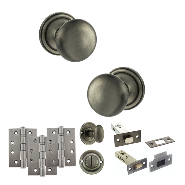 Old English Harrogate Door Knob Pack (Bathroom Set - 4" Deadbolt, 4" Fire Rated Hinges x3) by Atlantic Hardware