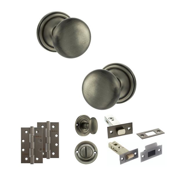 Old English Harrogate Door Knob Pack (Bathroom Set - 4" Deadbolt, 4" Slim Knuckle Hinges x2) by Atlantic Hardware