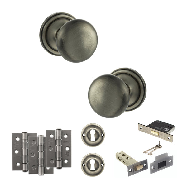 Old English Harrogate Door Knob Pack (Lock Set - 3" Latch & Deadlock, 3" Fire Rated Hinges x3) by Atlantic Hardware