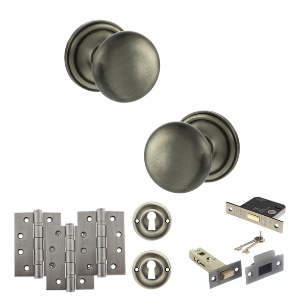 Old English Harrogate Door Knob Pack (Lock Set - 3" Latch & Deadlock, 4" Fire Rated Hinges x3) by Atlantic Hardware