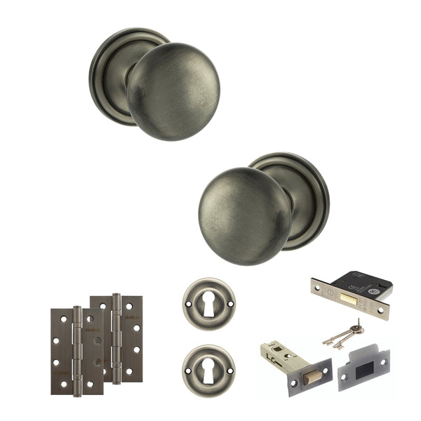 Old English Harrogate Door Knob Pack (Lock Set - 3" Latch & Deadlock, 4" Slim Knuckle Hinges x2) by Atlantic Hardware