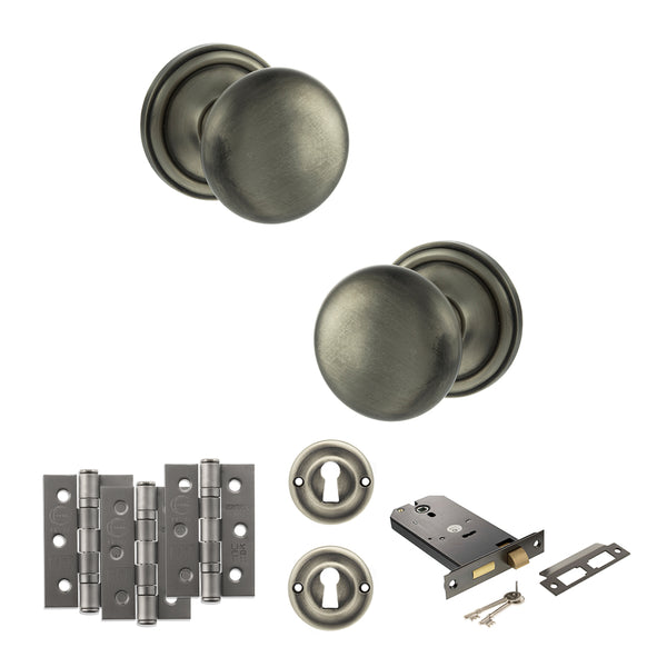 Old English Harrogate Door Knob Pack (Lock Set - Horizontal Sashlock, 3" Fire Rated Hinges x3) by Atlantic Hardware