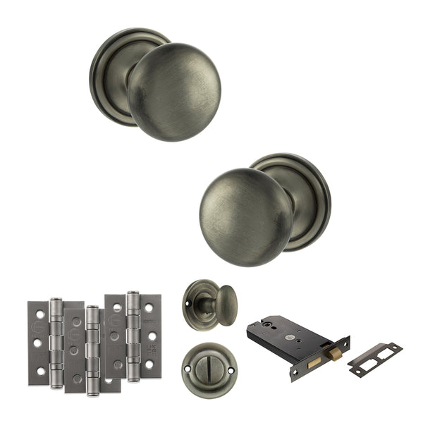 Old English Harrogate Door Knob Pack (Lock Set - Horizontal Bathlock, 3" Fire Rated Hinges x3) by Atlantic Hardware