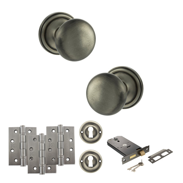 Old English Harrogate Door Knob Pack (Lock Set - Horizontal Sashlock, 4" Fire Rated Hinges x3) by Atlantic Hardware