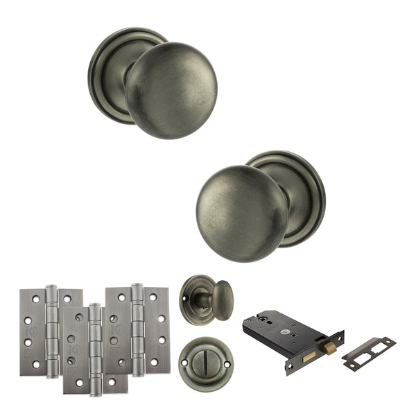 Old English Harrogate Door Knob Pack (Lock Set - Horizontal Bathlock, 4" Fire Rated Hinges x3) by Atlantic Hardware