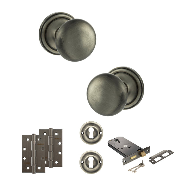 Old English Harrogate Door Knob Pack (Lock Set - Horizontal Sashlock, 4" Slim Knuckle Hinges x2) by Atlantic Hardware