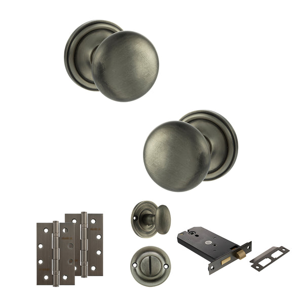 Old English Harrogate Door Knob Pack (Lock Set - Horizontal Bathlock, 4" Slim Knuckle Hinges x2) by Atlantic Hardware