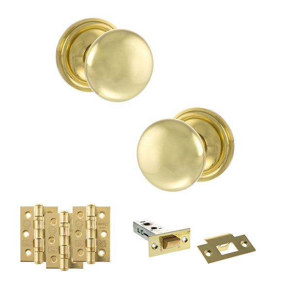Old English Harrogate Door Knob Pack (Latch Set - 4" HD Latch, 3" Fire Rated Hinges x3) by Atlantic Hardware