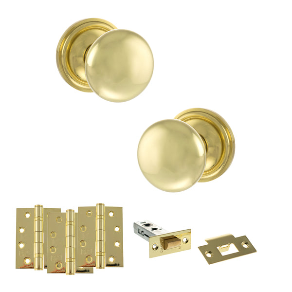 Old English Harrogate Door Knob Pack (Latch Set - 3" HD Latch, 4" Fire Rated Hinges x3) by Atlantic Hardware
