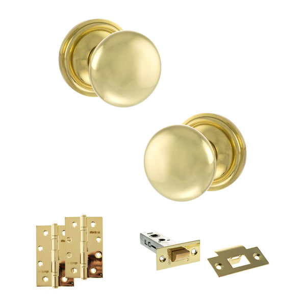 Old English Harrogate Door Knob Pack (Latch Set - 3" HD Latch, 4" Slim Knuckle Hinges x2) by Atlantic Hardware