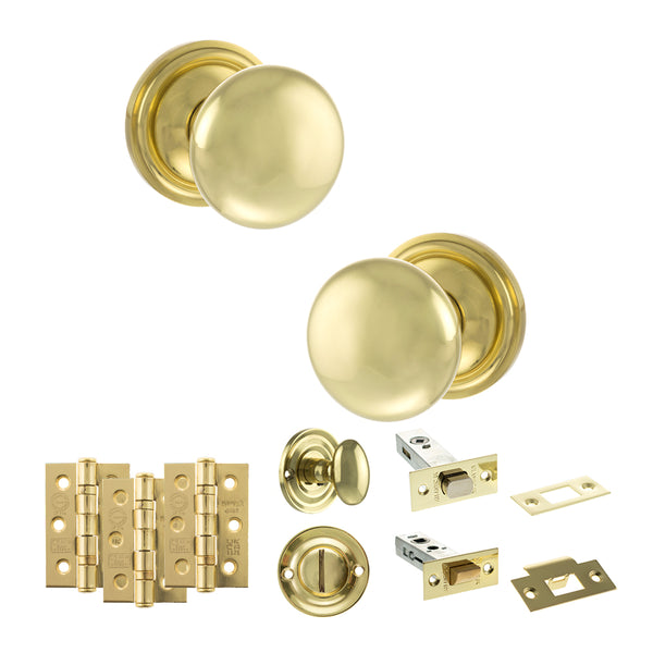 Old English Harrogate Door Knob Pack (Bathroom Set - 4" Deadbolt, 3" Fire Rated Hinges x3) by Atlantic Hardware