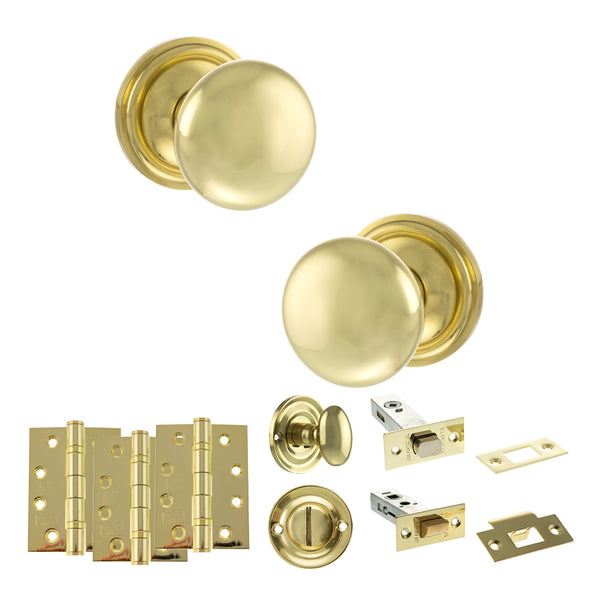 Old English Harrogate Door Knob Pack (Bathroom Set - 4" Deadbolt, 4" Fire Rated Hinges x3) by Atlantic Hardware