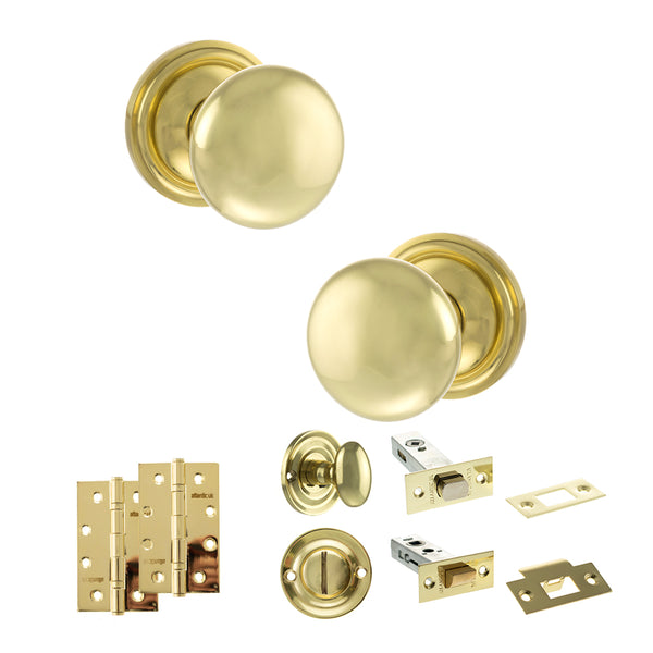 Old English Harrogate Door Knob Pack (Bathroom Set - 3" Deadbolt, 4" Slim Knuckle Hinges x2) by Atlantic Hardware