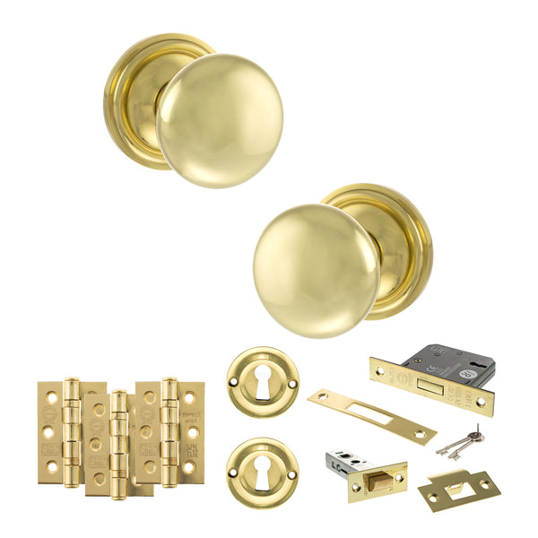 Old English Harrogate Door Knob Pack (Lock Set - 3" Latch & Deadlock, 3" Fire Rated Hinges x3) by Atlantic Hardware