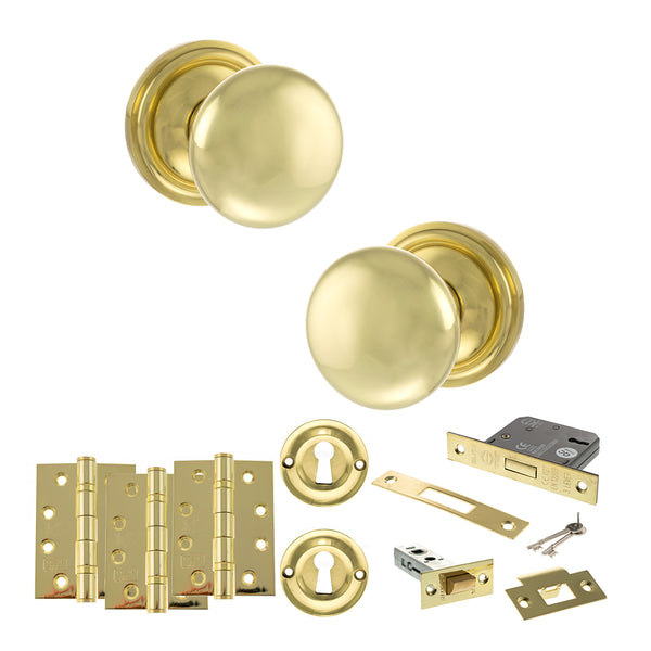 Old English Harrogate Door Knob Pack (Lock Set - 3" Latch & Deadlock, 4" Fire Rated Hinges x3) by Atlantic Hardware