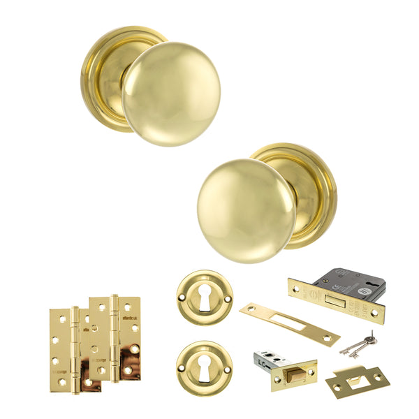 Old English Harrogate Door Knob Pack (Lock Set - 3" Latch & Deadlock, 4" Slim Knuckle Hinges x2) by Atlantic Hardware