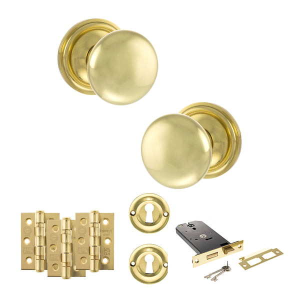 Old English Harrogate Door Knob Pack (Lock Set - Horizontal Sashlock, 3" Fire Rated Hinges x3) by Atlantic Hardware
