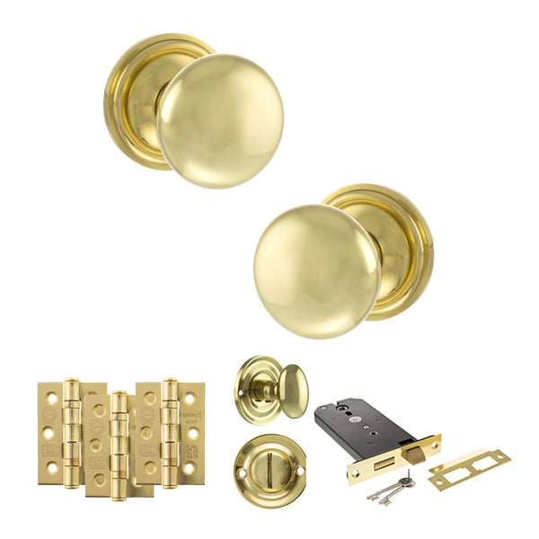 Old English Harrogate Door Knob Pack (Lock Set - Horizontal Bathlock, 3" Fire Rated Hinges x3) by Atlantic Hardware