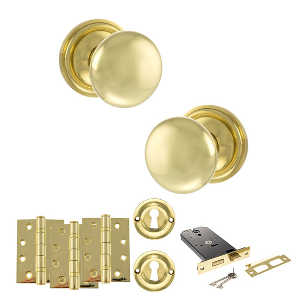 Old English Harrogate Door Knob Pack (Lock Set - Horizontal Sashlock, 4" Fire Rated Hinges x3) by Atlantic Hardware