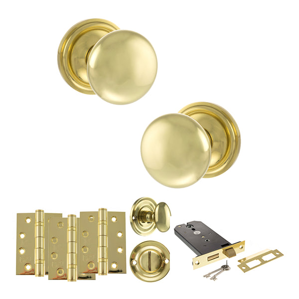 Old English Harrogate Door Knob Pack (Lock Set - Horizontal Bathlock, 4" Fire Rated Hinges x3) by Atlantic Hardware