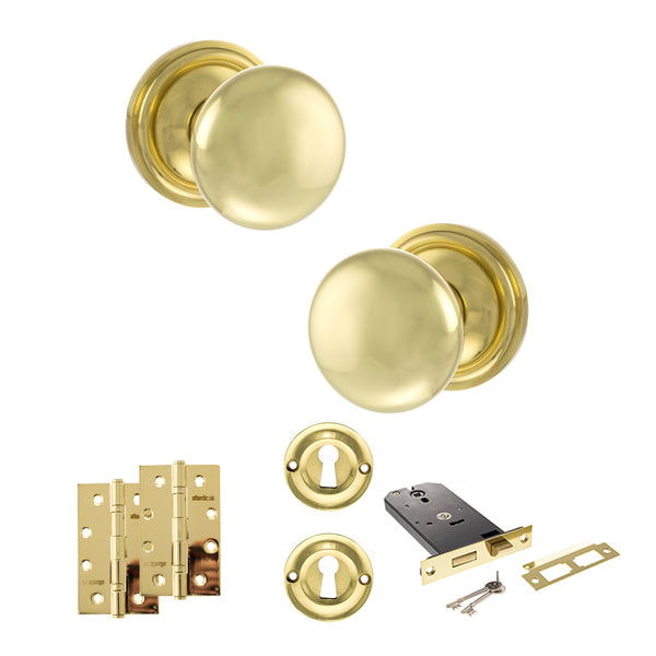 Old English Harrogate Door Knob Pack (Lock Set - Horizontal Sashlock, 4" Slim Knuckle Hinges x2) by Atlantic Hardware