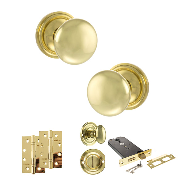 Old English Harrogate Door Knob Pack (Lock Set - Horizontal Bathlock, 4" Slim Knuckle Hinges x2) by Atlantic Hardware