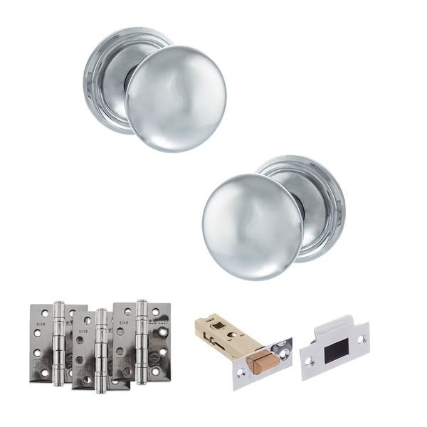 Old English Harrogate Door Knob Pack (Latch Set - 4" HD Latch, 4" Fire Rated Hinges x3) by Atlantic Hardware