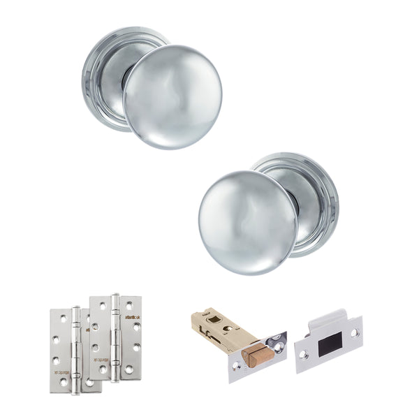 Old English Harrogate Door Knob Pack (Latch Set - 4" HD Latch, 4" Slim Knuckle Hinges x2) by Atlantic Hardware
