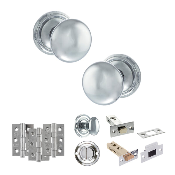 Old English Harrogate Door Knob Pack (Bathroom Set - 3" Deadbolt, 3" Fire Rated Hinges x3) by Atlantic Hardware