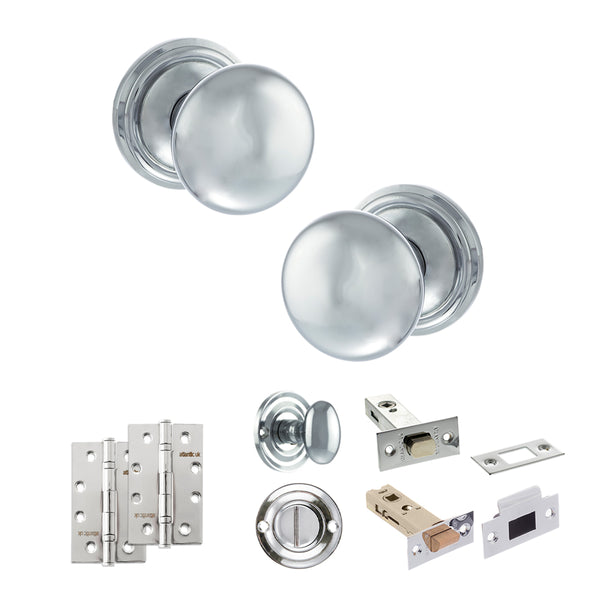 Old English Harrogate Door Knob Pack (Bathroom Set - 4" Deadbolt, 4" Slim Knuckle Hinges x2) by Atlantic Hardware