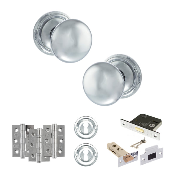 Old English Harrogate Door Knob Pack (Lock Set - 3" Latch & Deadlock, 3" Fire Rated Hinges x3) by Atlantic Hardware