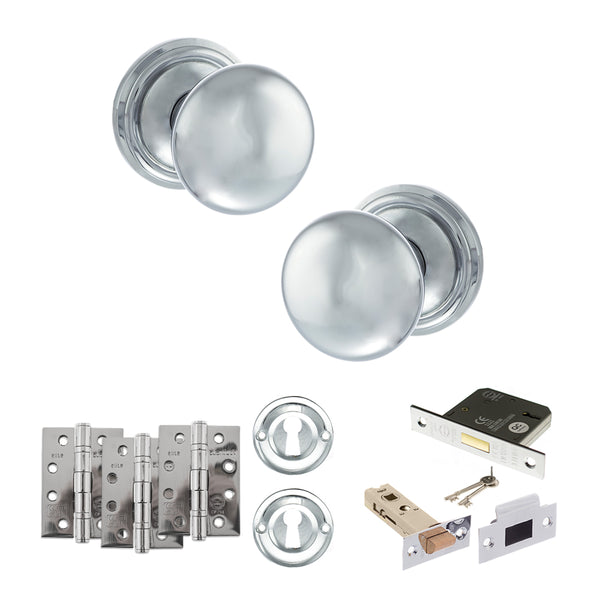 Old English Harrogate Door Knob Pack (Lock Set - 3" Latch & Deadlock, 4" Fire Rated Hinges x3) by Atlantic Hardware