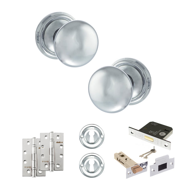 Old English Harrogate Door Knob Pack (Lock Set - 3" Latch & Deadlock, 4" Slim Knuckle Hinges x2) by Atlantic Hardware