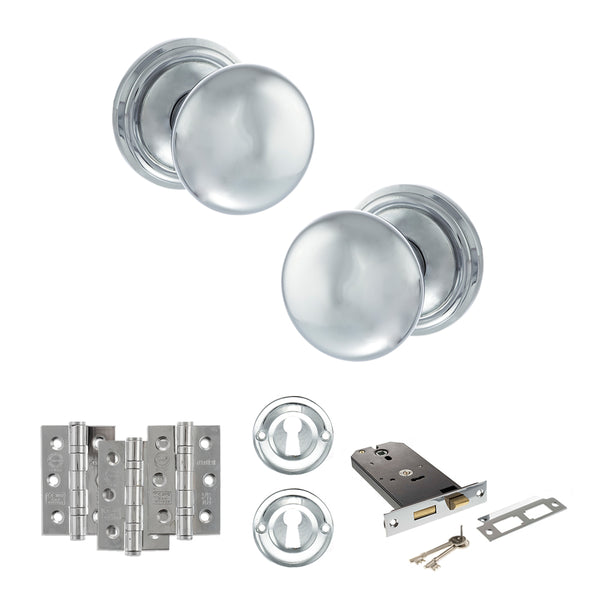 Old English Harrogate Door Knob Pack (Lock Set - Horizontal Sashlock, 3" Fire Rated Hinges x3) by Atlantic Hardware