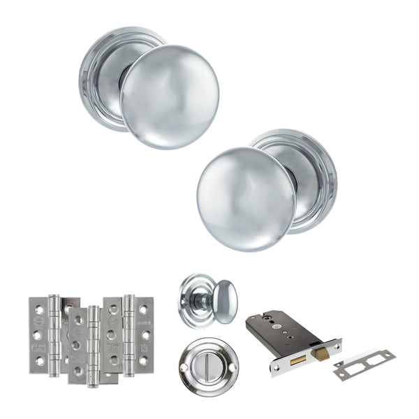 Old English Harrogate Door Knob Pack (Lock Set - Horizontal Bathlock, 3" Fire Rated Hinges x3) by Atlantic Hardware