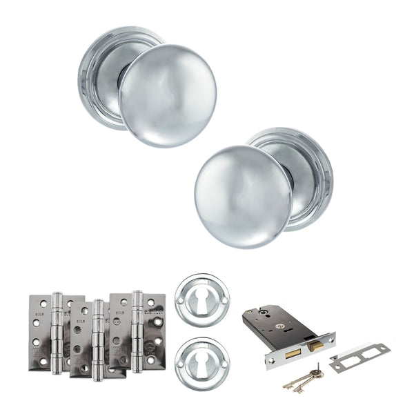 Old English Harrogate Door Knob Pack (Lock Set - Horizontal Sashlock, 4" Fire Rated Hinges x3) by Atlantic Hardware