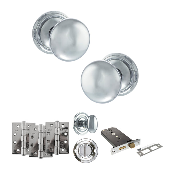 Old English Harrogate Door Knob Pack (Lock Set - Horizontal Bathlock, 4" Fire Rated Hinges x3) by Atlantic Hardware
