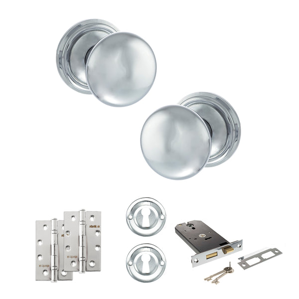 Old English Harrogate Door Knob Pack (Lock Set - Horizontal Sashlock, 4" Slim Knuckle Hinges x2) by Atlantic Hardware