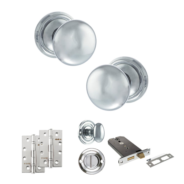 Old English Harrogate Door Knob Pack (Lock Set - Horizontal Bathlock, 4" Slim Knuckle Hinges x2) by Atlantic Hardware