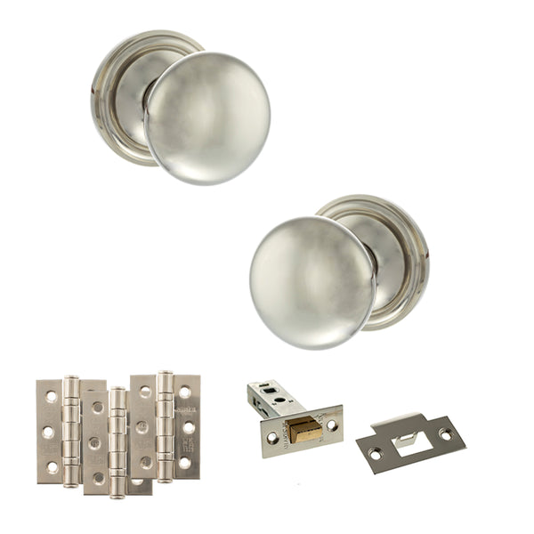 Old English Harrogate Door Knob Pack (Latch Set - 4" HD Latch, 3" Fire Rated Hinges x3) by Atlantic Hardware